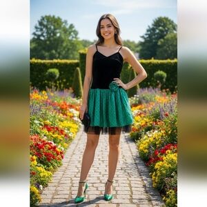 DECLIC Black Emerald Green Ruffled Polka Dot Prom Cocktail Dress Size L